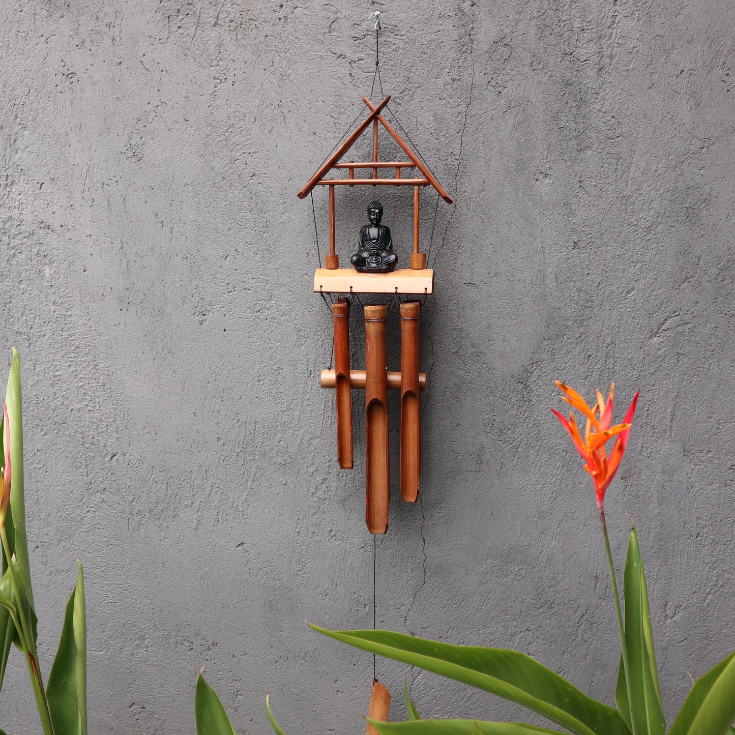 Natural Finish Bamboo Wind Chimes - Black Buddha - 6 Tubes