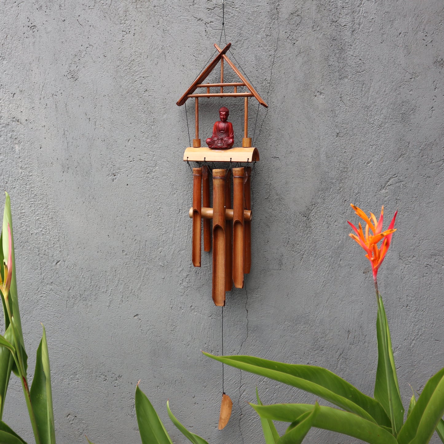 Natural Finish Bamboo Wind Chimes - Brown Buddha - 6 Tubes