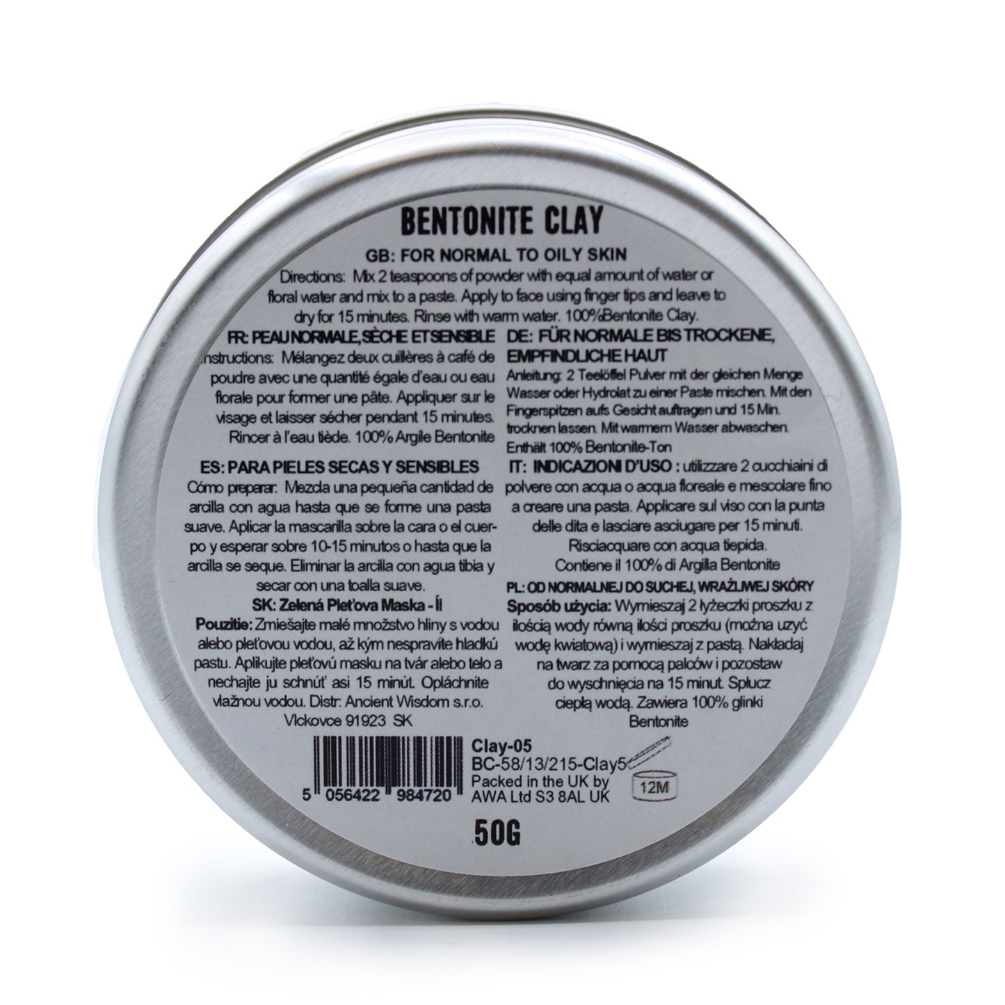 Clay Face Mask - Bentonite Clay - Anti-bacterial & Anti-inflamatory - 50 g