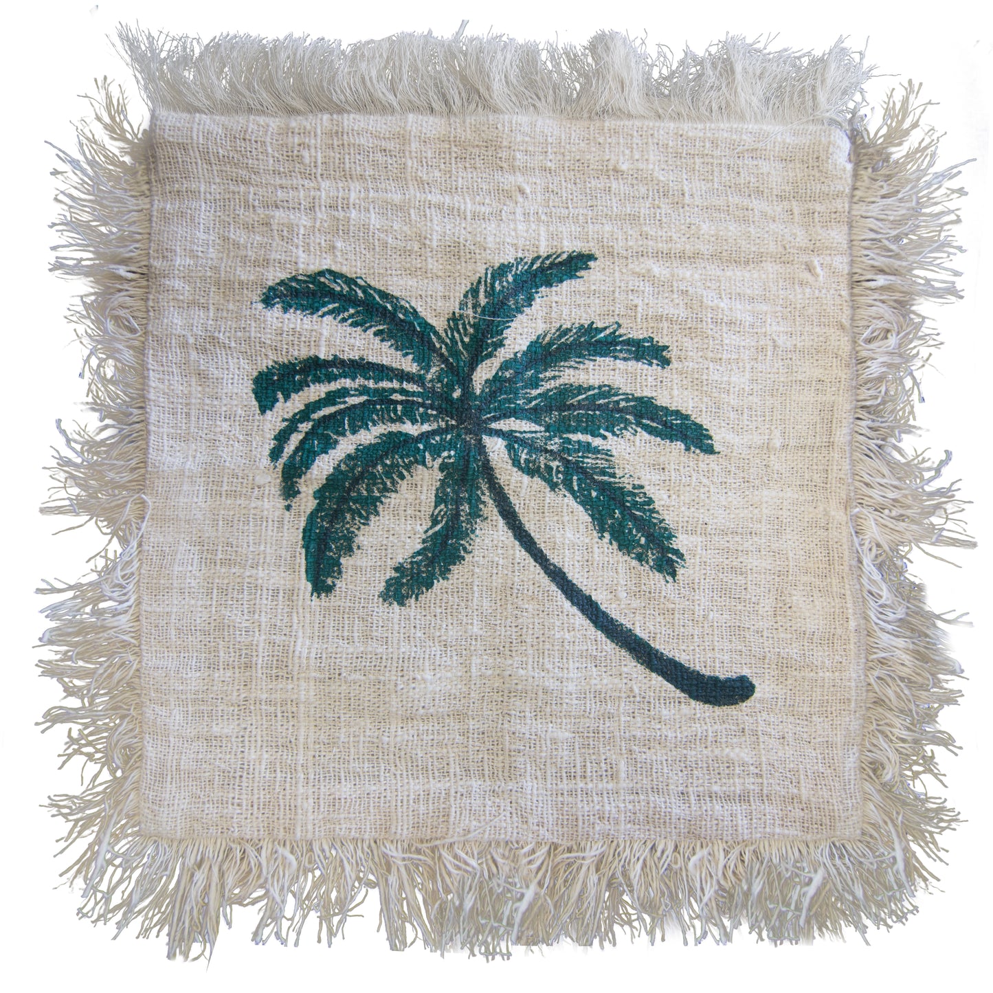 Linen Cushion Cover With Fringe - Palm Tree - 45 x 45 cm