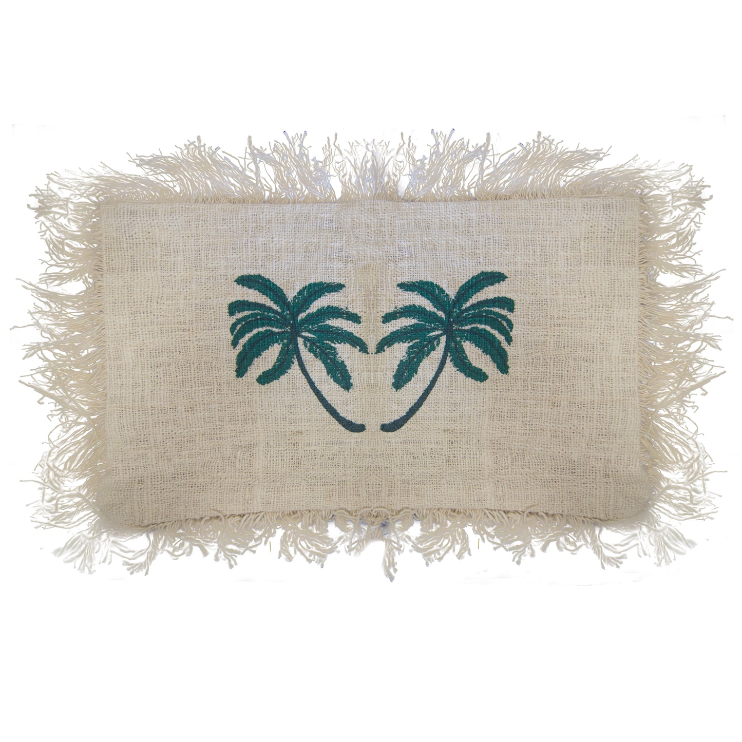 Linen Cushion Cover With Fringe - Palm Tree - 30 x 50 cm