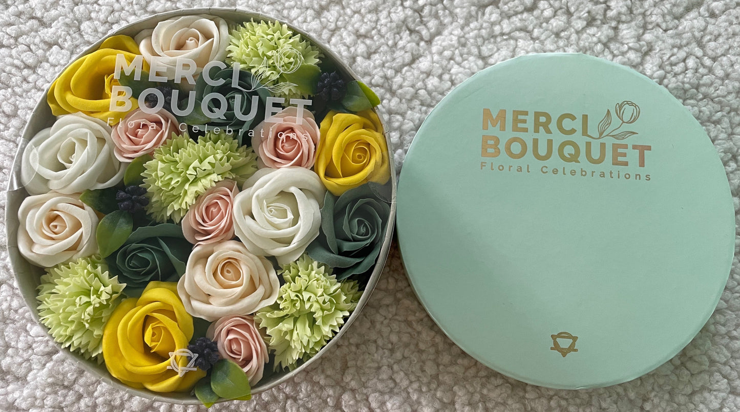 Spring Celibrations Soap Flowers - Yellow & Greens in Round Box