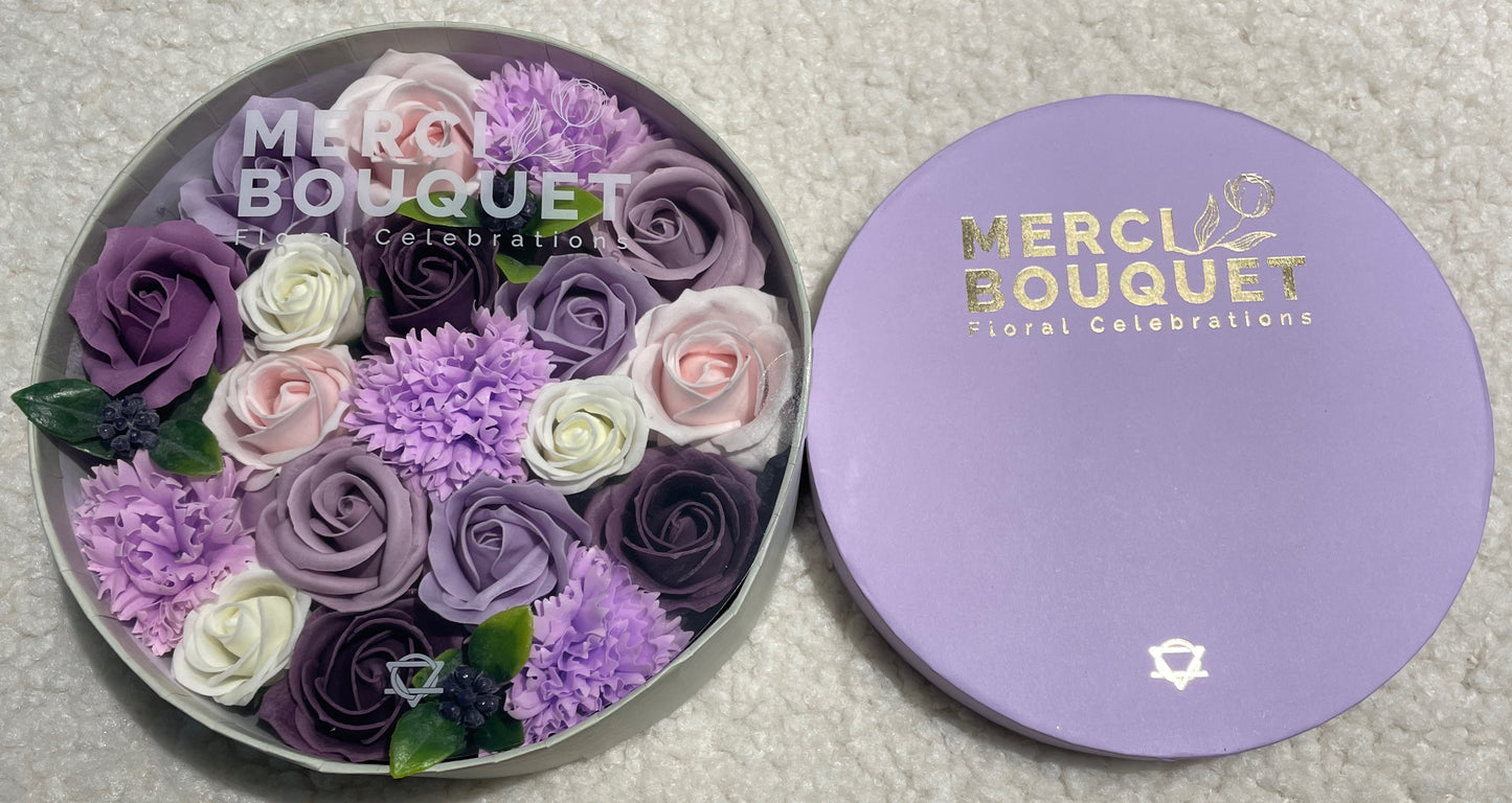 Lavender Rose & Carnation Soap Flowers - Round Box