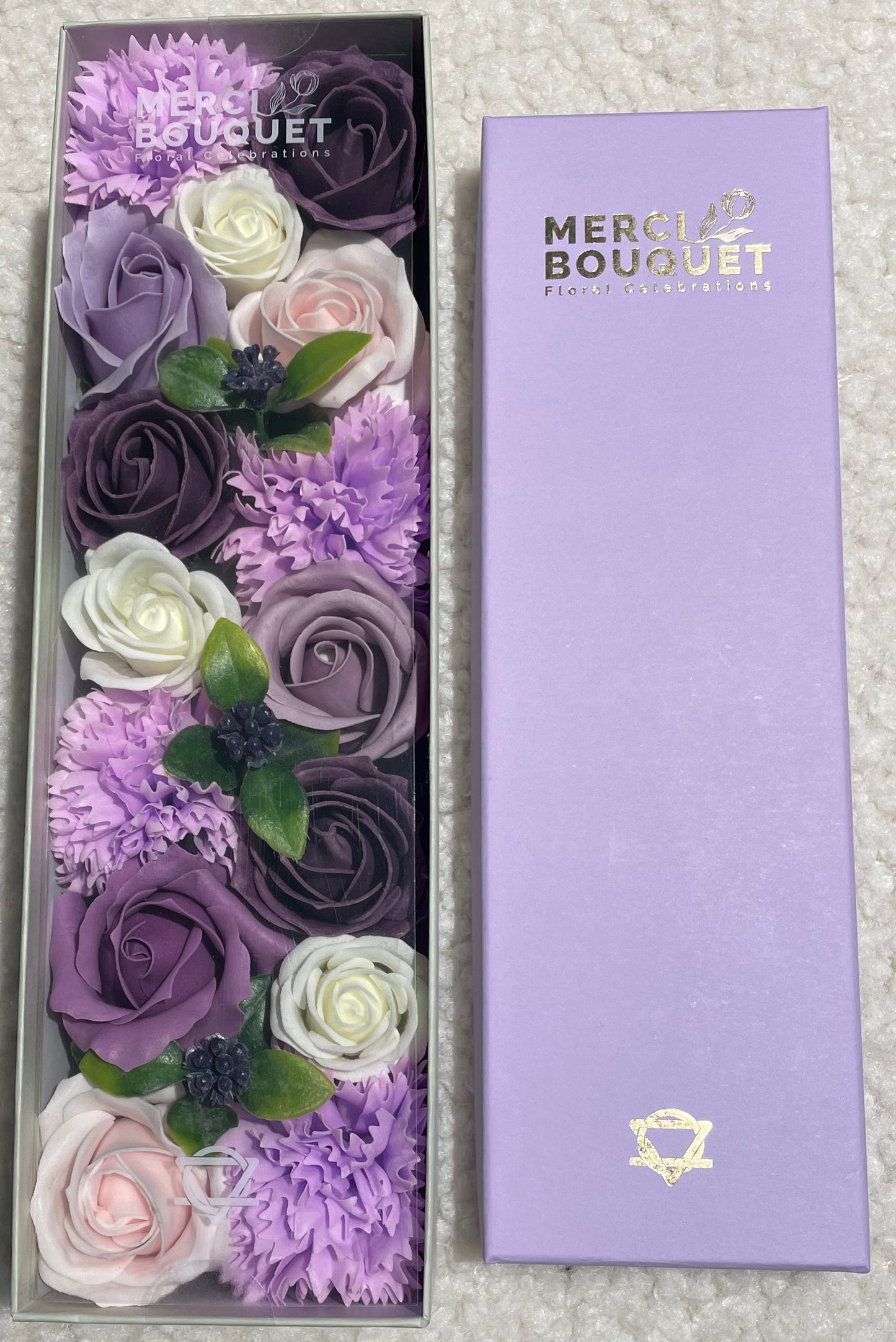 Lavender Rose & Carnation Soap Flowers - Long Box