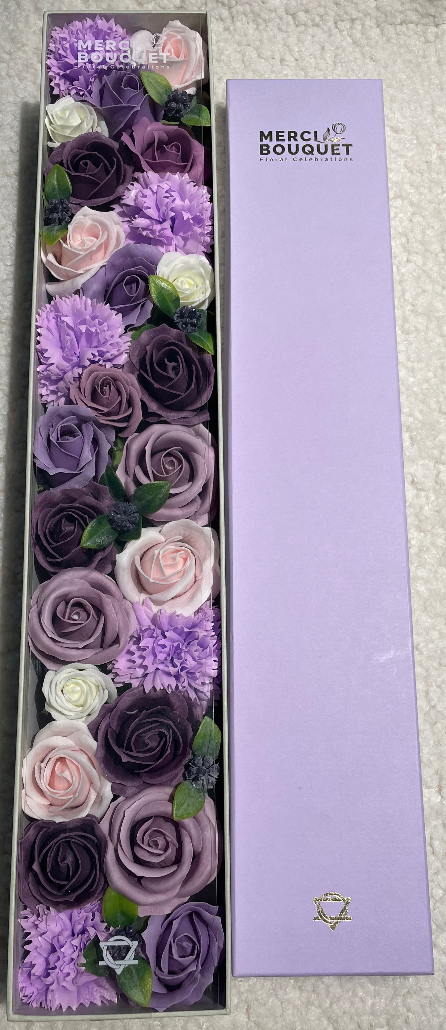 Lavender Rose & Carnation Soap Flowers - Extra Long Box
