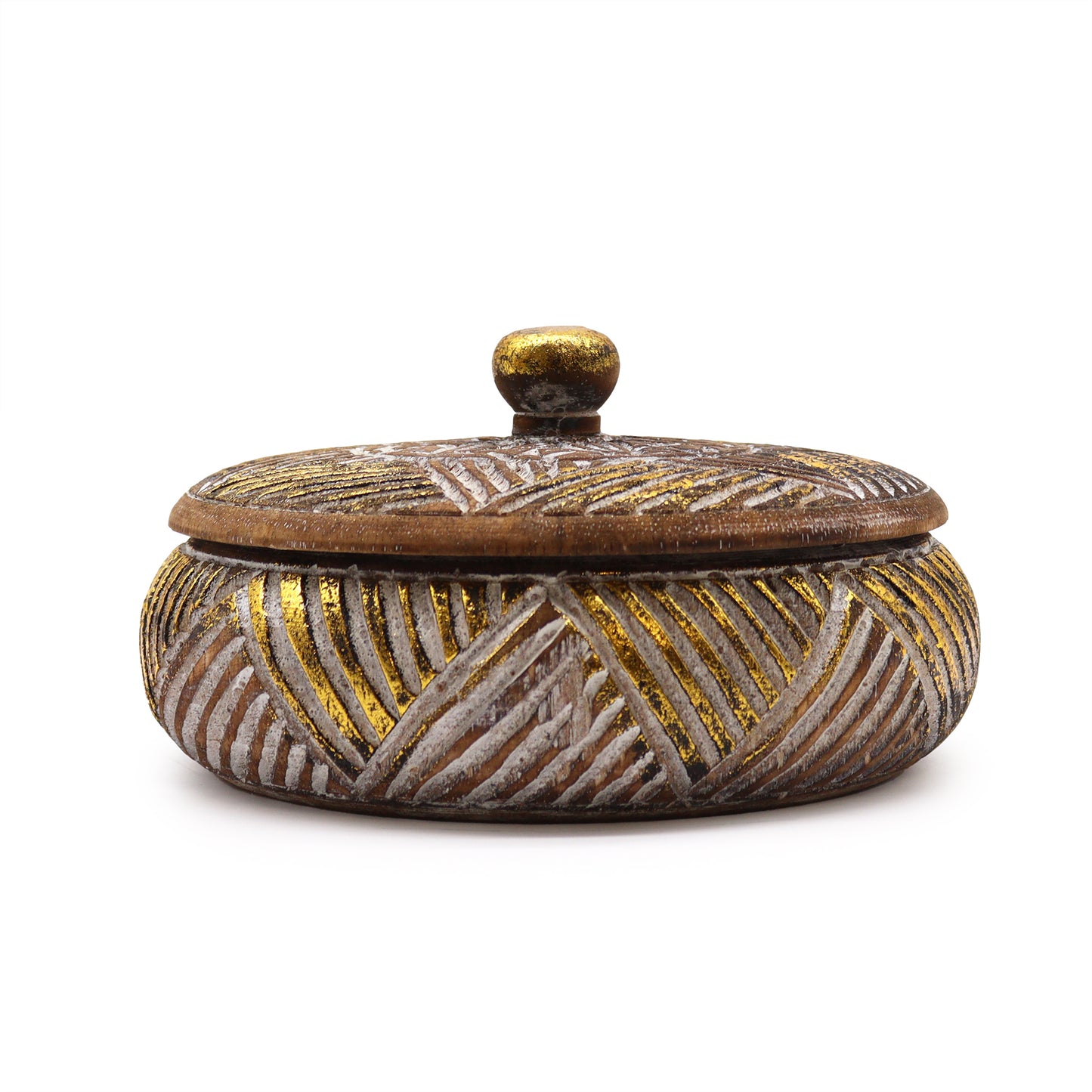 Squat Trinket Dish / Sweet Jar - Gold & White on Natural Wood