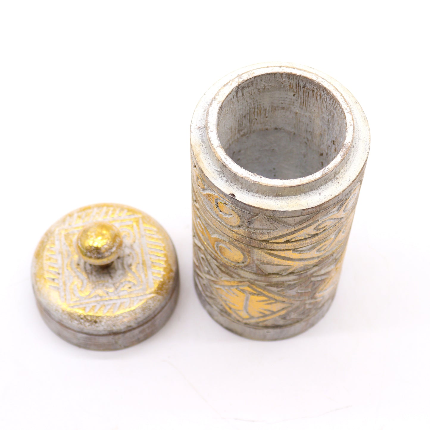 Tall Trinket Dish / Sweet Jar - Gold & White on Natural Wood