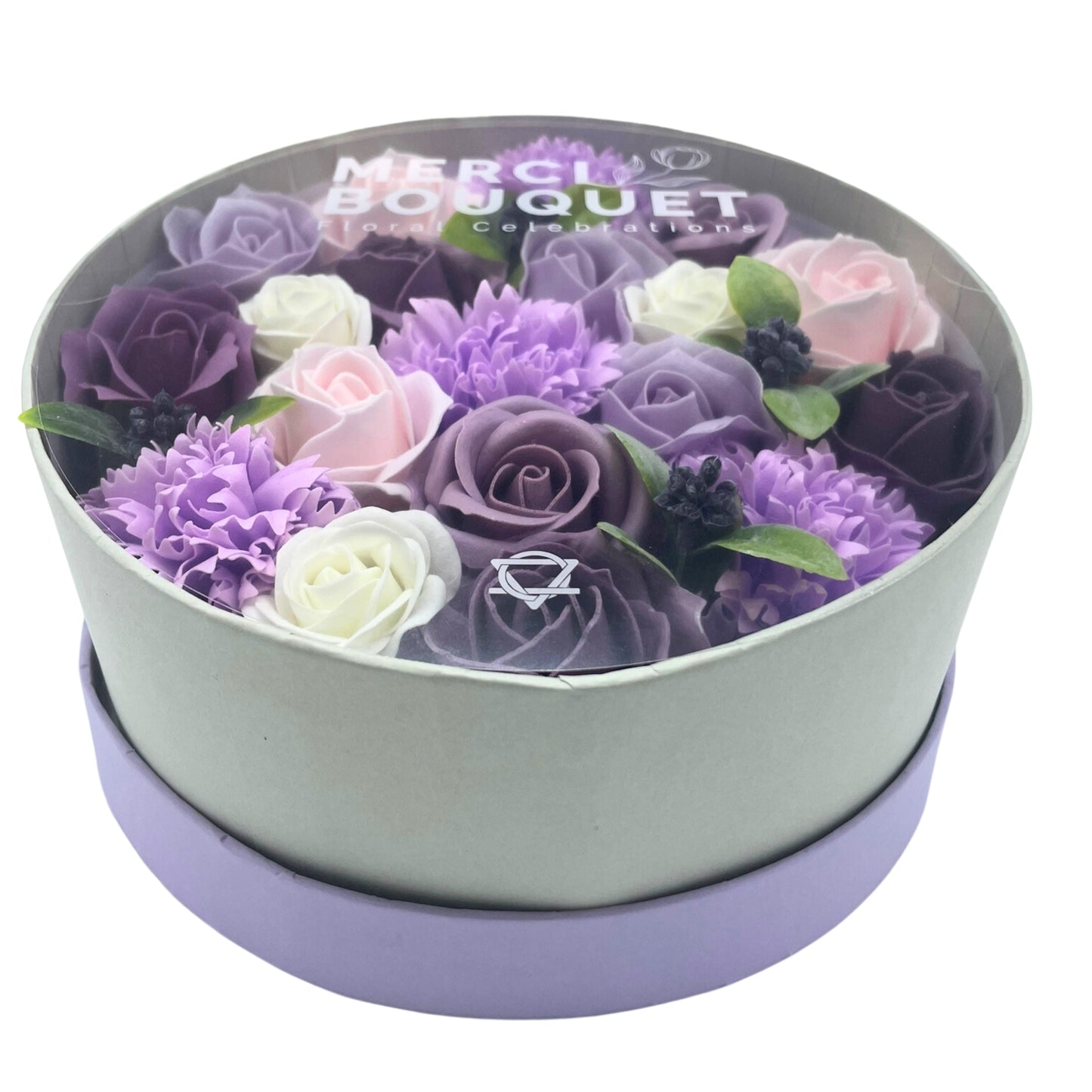 Lavender Rose & Carnation Soap Flowers - Round Box