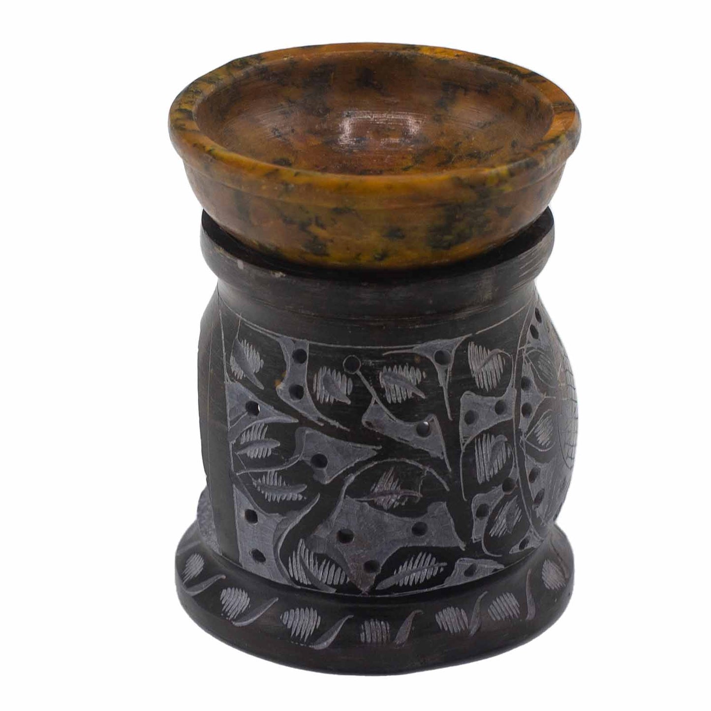 Soapstone Oil Burner - Black & Yellow - Mandala Flower - 10 cm