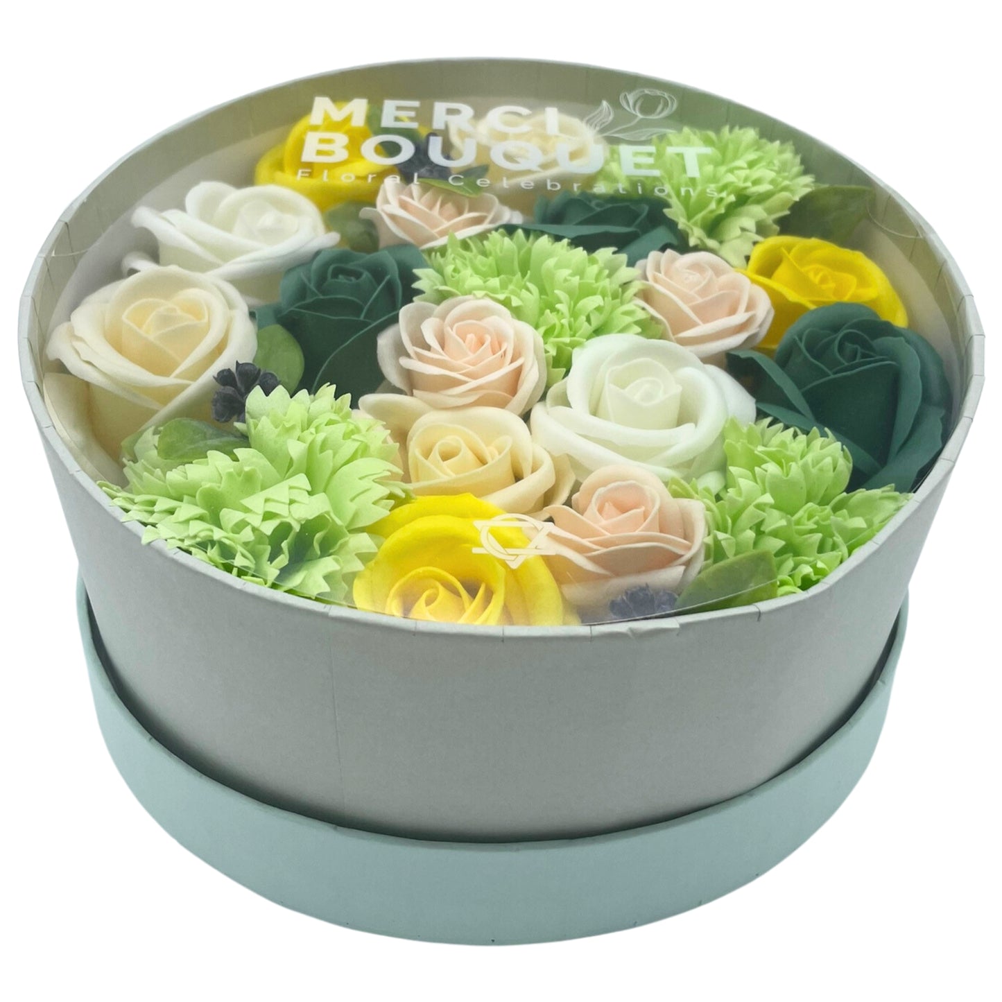 Spring Celibrations Soap Flowers - Yellow & Greens in Round Box