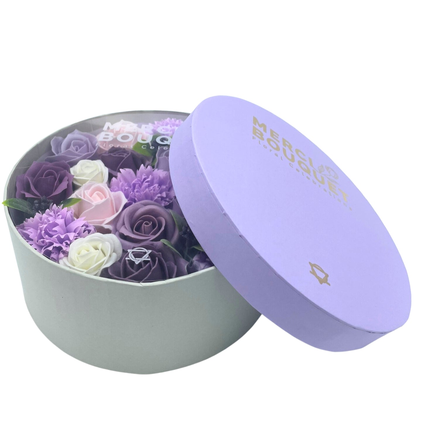 Lavender Rose & Carnation Soap Flowers - Round Box