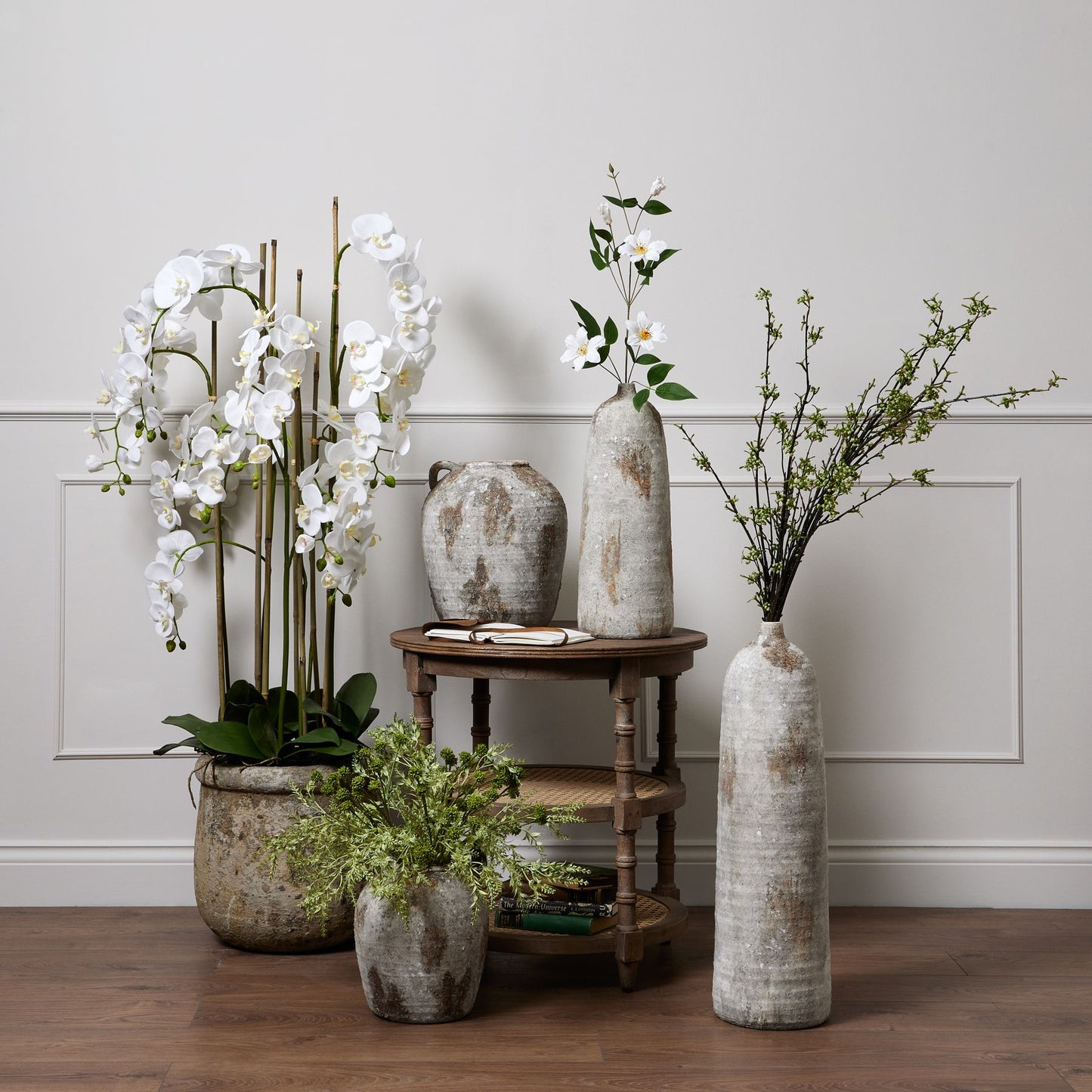 White Orchid In Antique Stone Pot - Large
