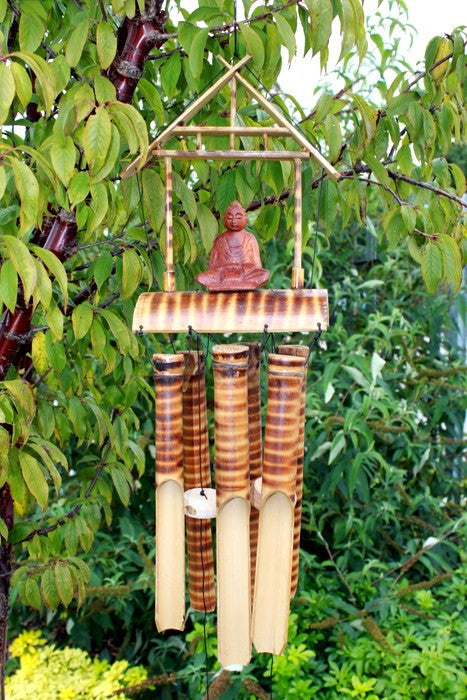 Natural Finish Bamboo Wind Chimes - Brown Buddha - 6 Medium Tubes