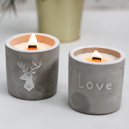 Wooden Wick Concrete Pot Scented Candle - Whiskey & Woodsmoke - Stag Head - Medium