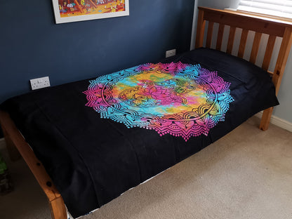 Single Cotton Bedspread / Wall Hanging - Black Hamsa