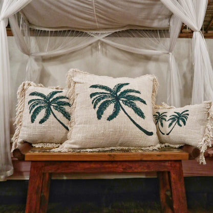 Linen Cushion Cover With Fringe - Palm Tree - 30 x 50 cm