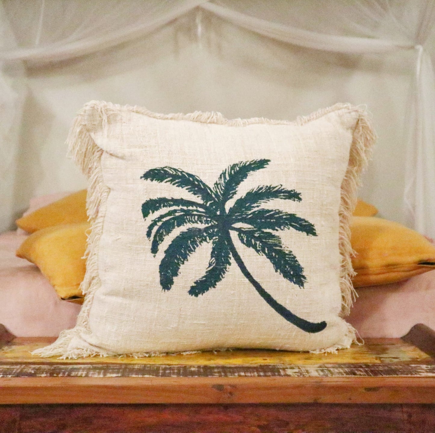 Linen Cushion Cover With Fringe - Palm Tree - 60 x 60 cm