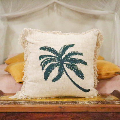 Linen Cushion Cover With Fringe - Palm Tree - 60 x 60 cm