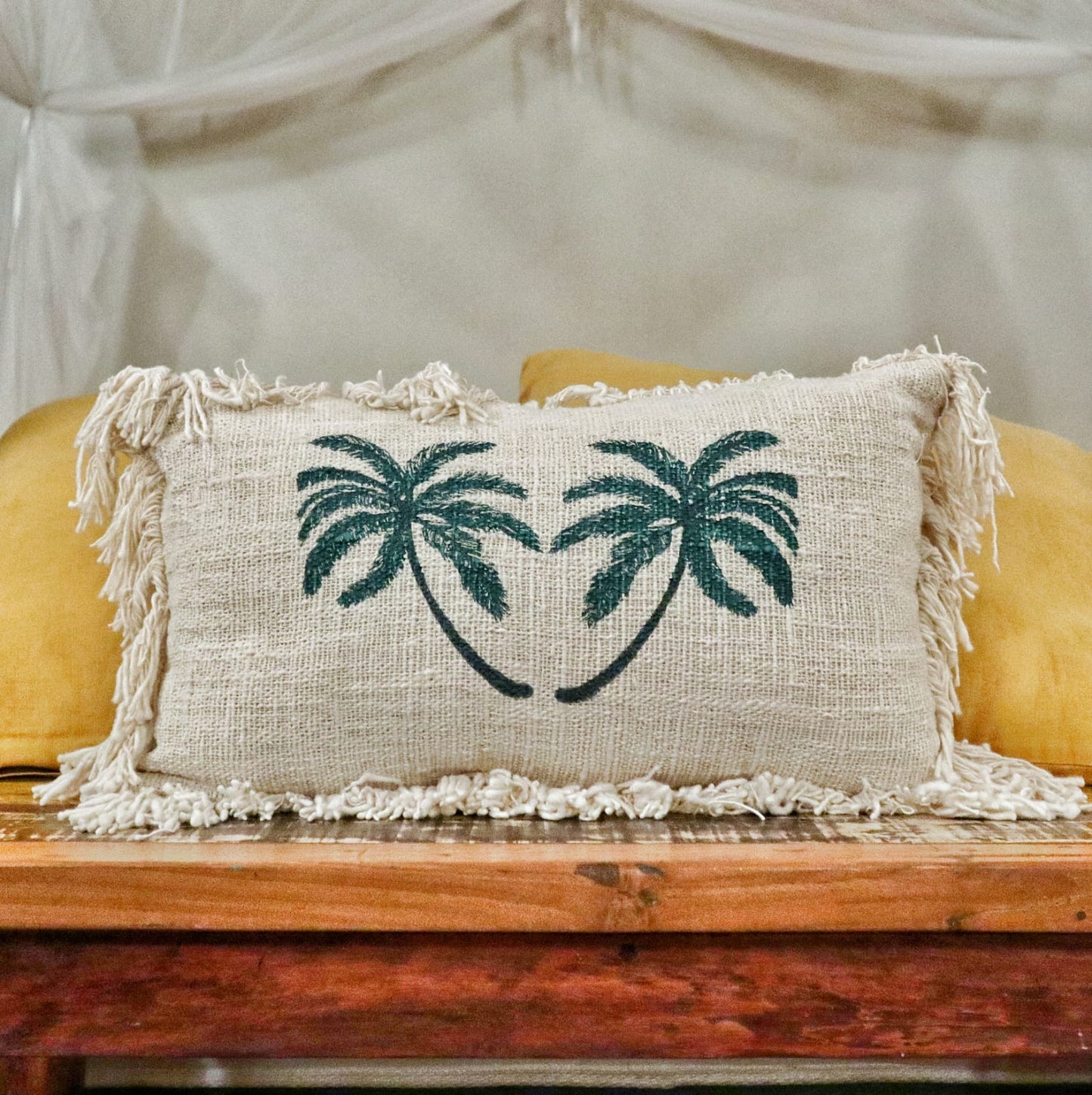 Linen Cushion Cover With Fringe - Palm Tree - 30 x 50 cm