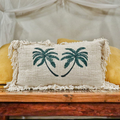 Linen Cushion Cover With Fringe - Palm Tree - 30 x 50 cm