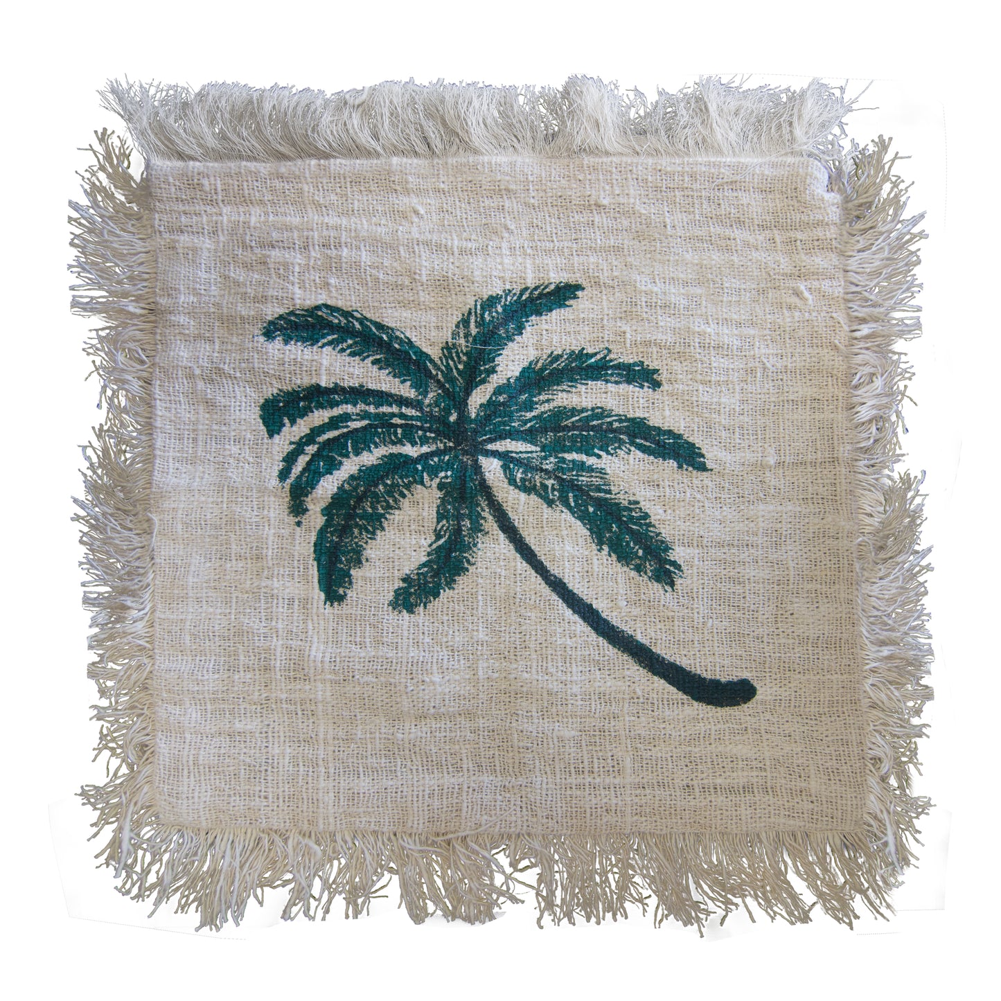 Linen Cushion Cover With Fringe - Palm Tree - 60 x 60 cm