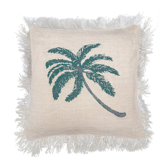 Linen Cushion Cover With Fringe - Palm Tree - 60 x 60 cm