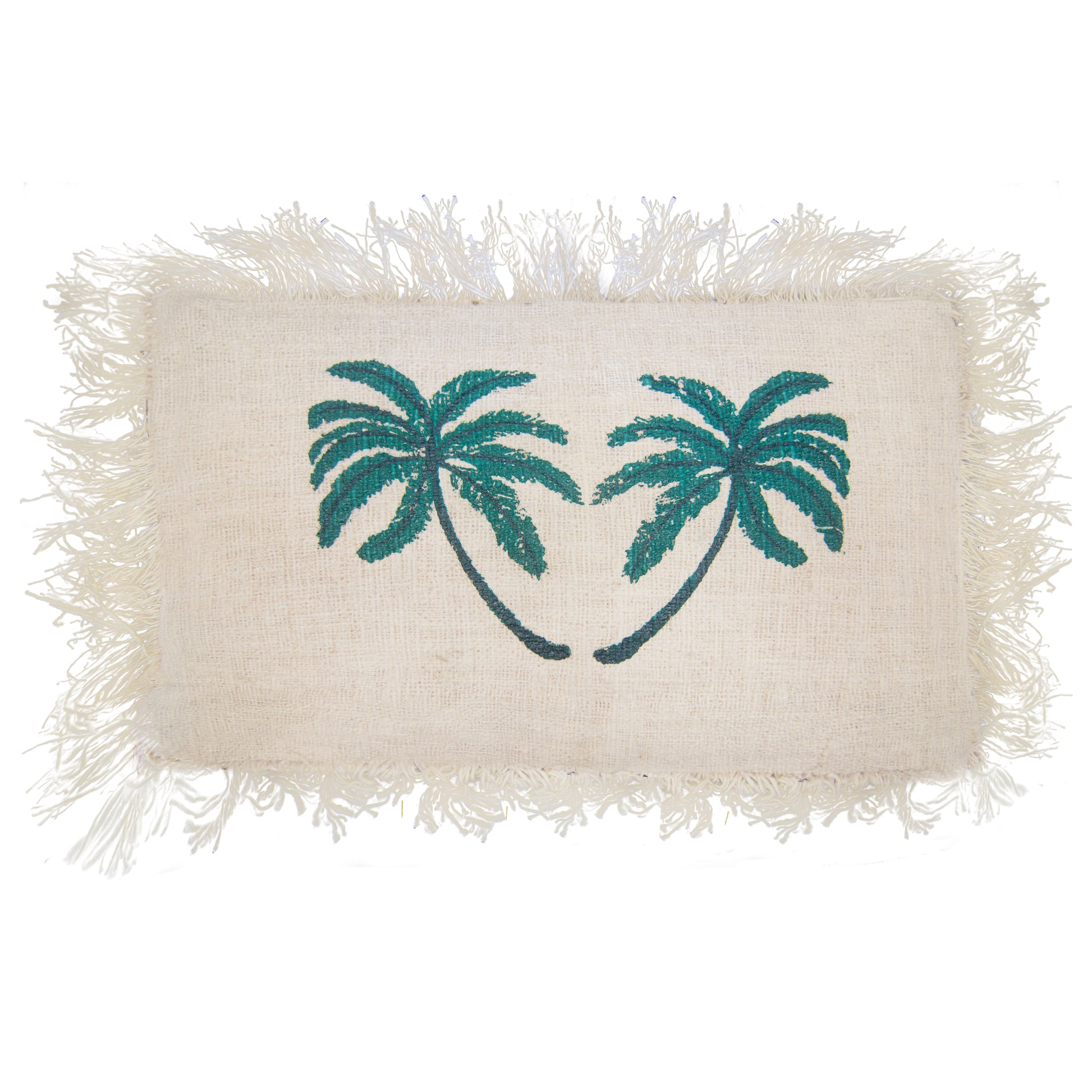 Linen Cushion Cover With Fringe - Palm Tree - 30 x 50 cm