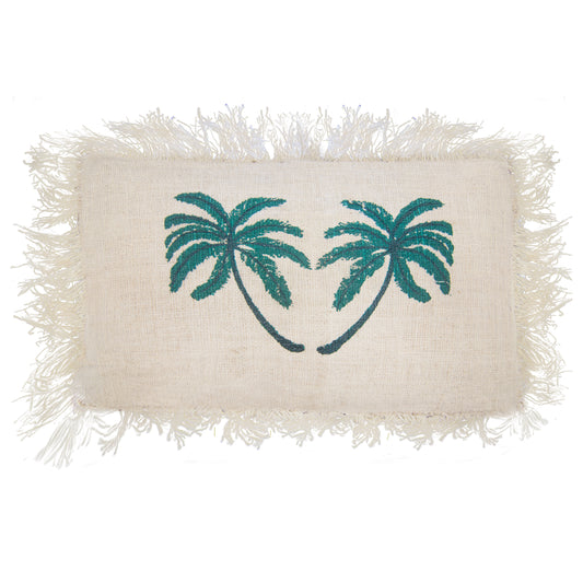 Linen Cushion Cover With Fringe - Palm Tree - 30 x 50 cm