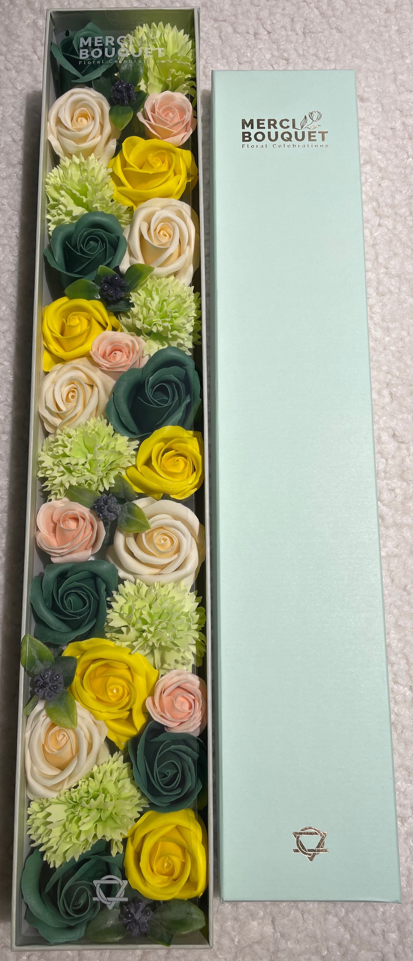 Spring Celibrations Soap Flowers - Yellow & Greens in Extra Long Box