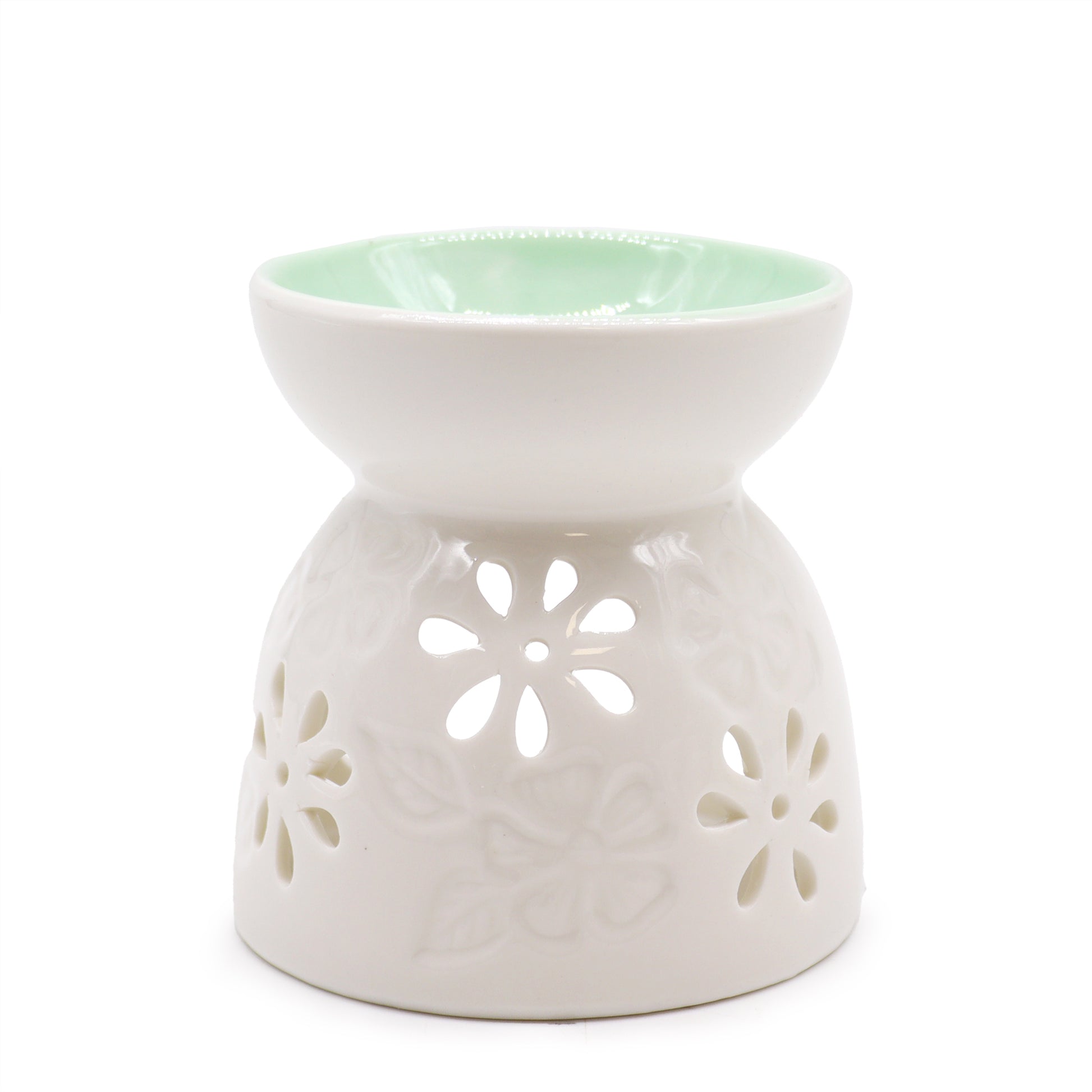 Classic White Oil Burner - Floral Cut-Out with Teal Well