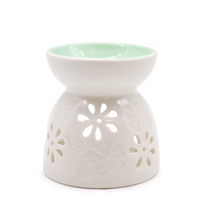 Classic White Oil Burner - Floral Cut-Out with Teal Well
