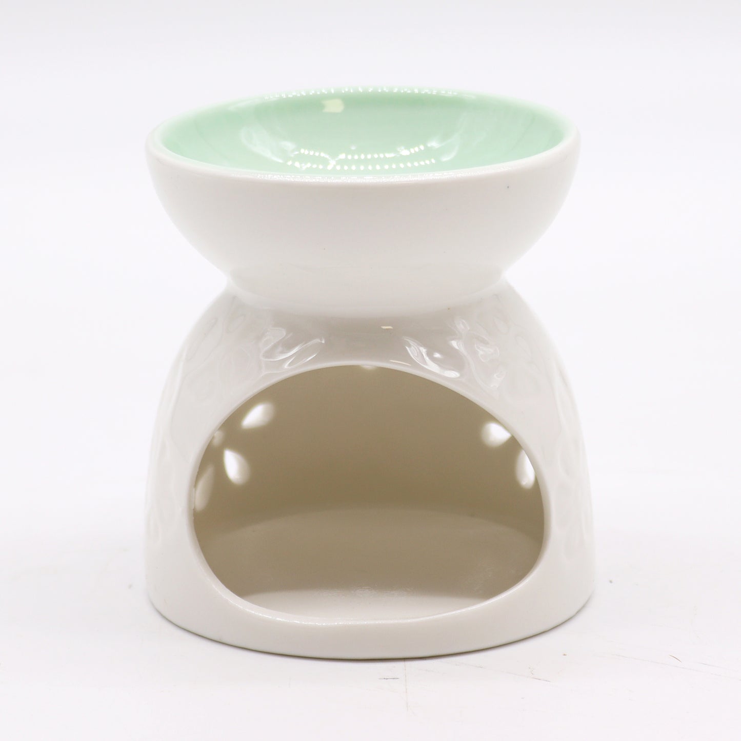 Classic White Oil Burner - Floral Cut-Out with Teal Well