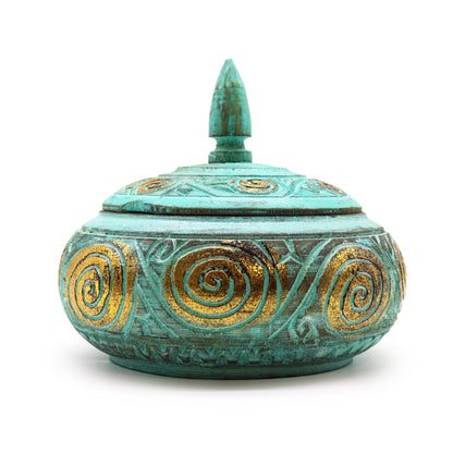 Squat Trinket Dish / Sweet Jar - Gold on Turquoise Painted Wood