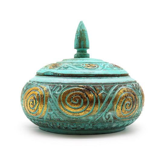 Squat Trinket Dish / Sweet Jar - Gold on Turquoise Painted Wood