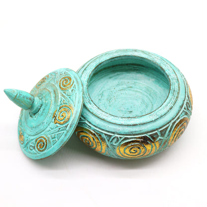 Squat Trinket Dish / Sweet Jar - Gold on Turquoise Painted Wood