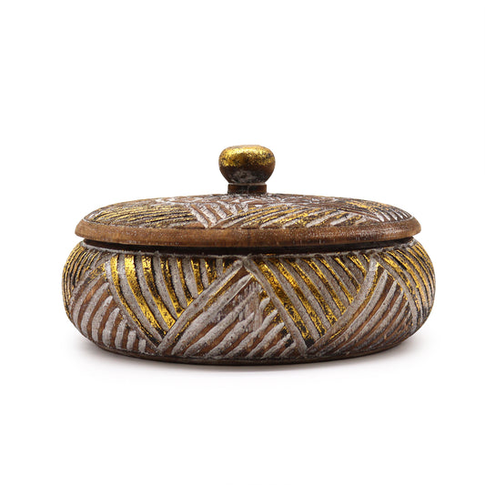 Squat Trinket Dish / Sweet Jar - Gold & White on Natural Wood