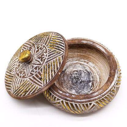 Squat Trinket Dish / Sweet Jar - Gold & White on Natural Wood