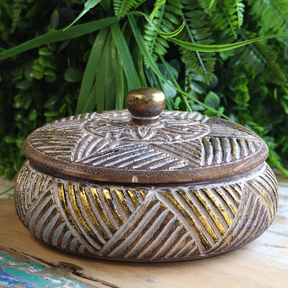 Squat Trinket Dish / Sweet Jar - Gold & White on Natural Wood