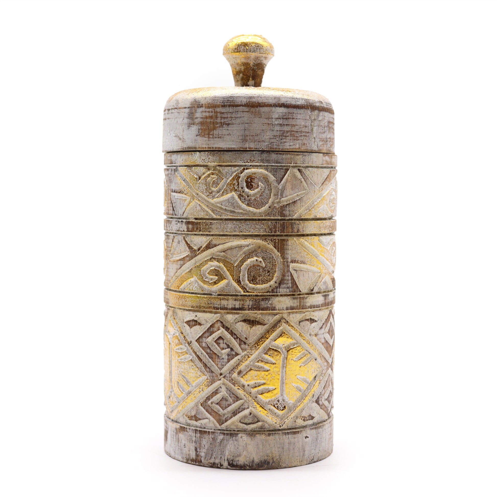 Tall Trinket Dish / Sweet Jar - Gold & White on Natural Wood