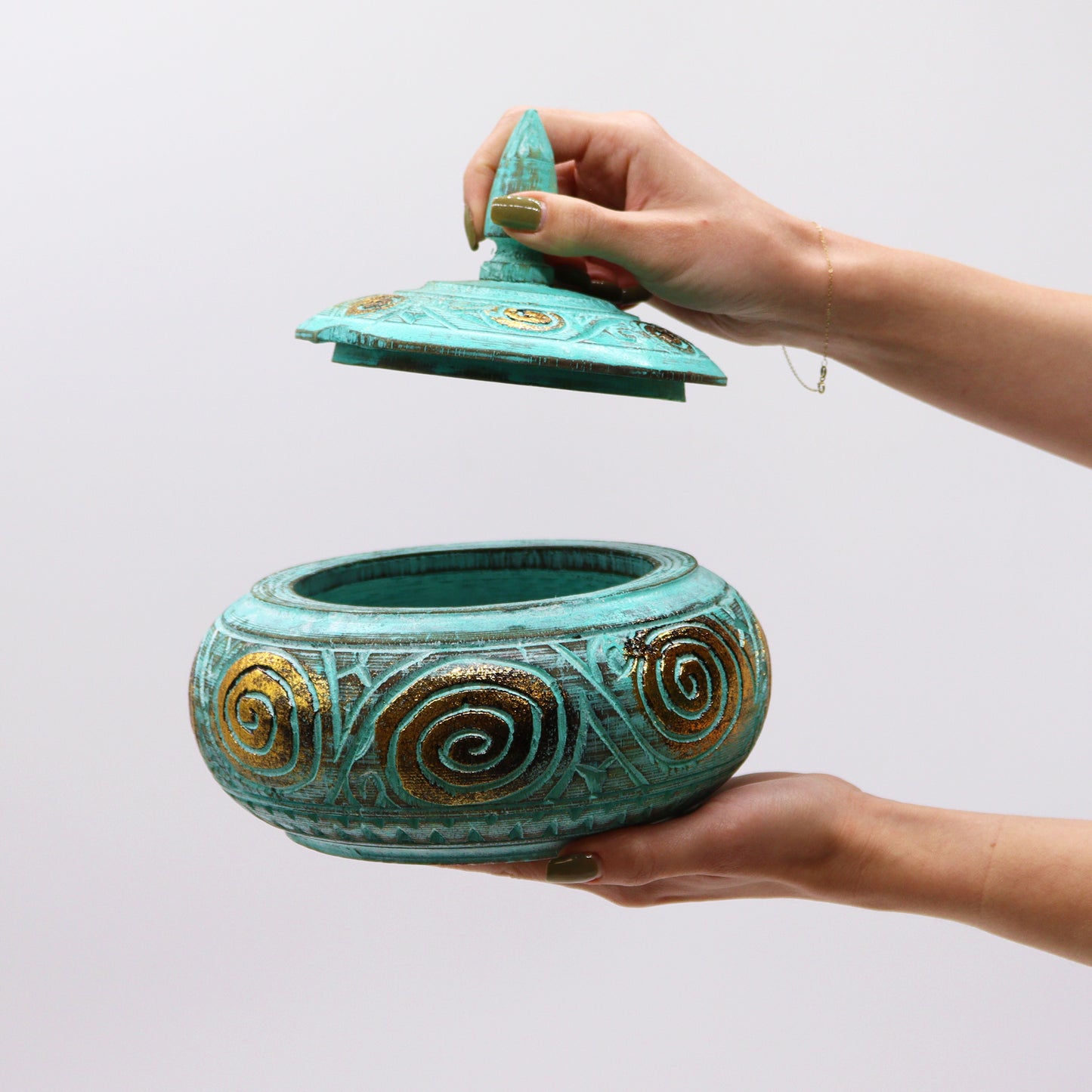 Squat Trinket Dish / Sweet Jar - Gold on Turquoise Painted Wood
