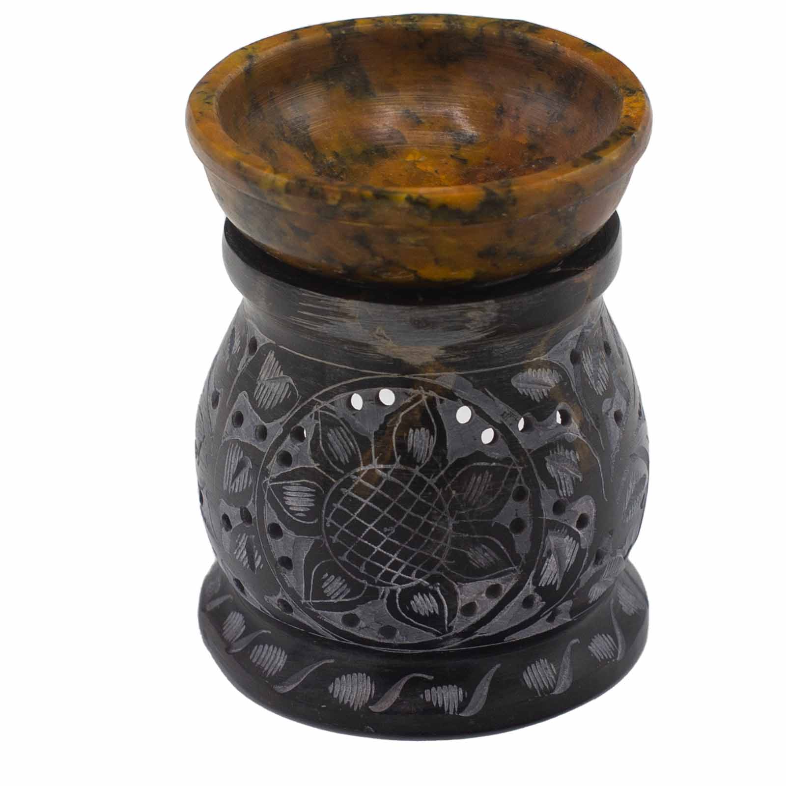 Soapstone Oil Burner - Black & Yellow - Mandala Flower - 10 cm