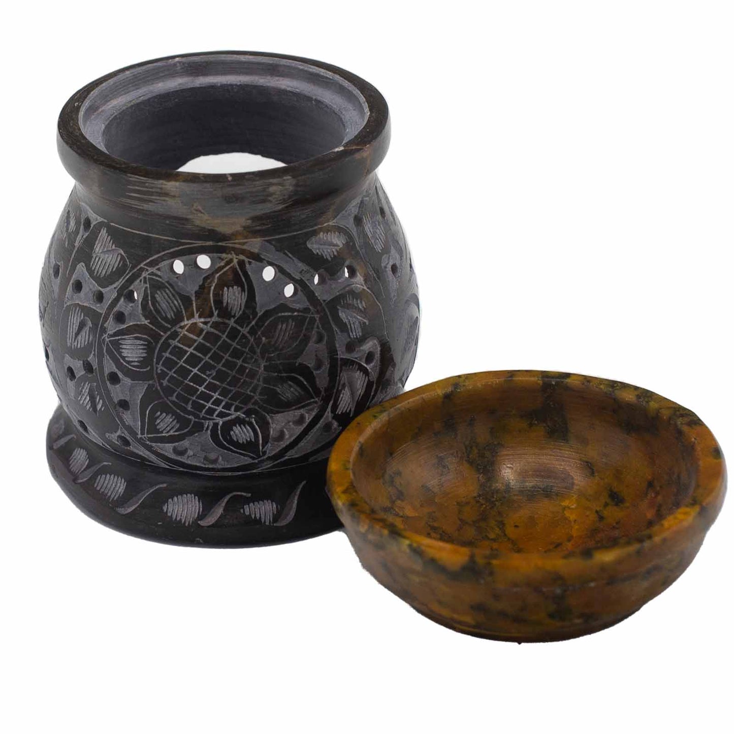 Soapstone Oil Burner - Black & Yellow - Mandala Flower - 10 cm