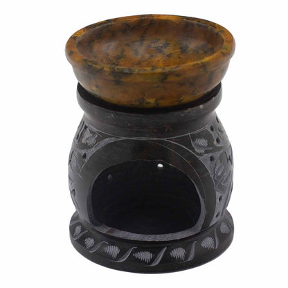 Soapstone Oil Burner - Black & Yellow - Mandala Flower - 10 cm