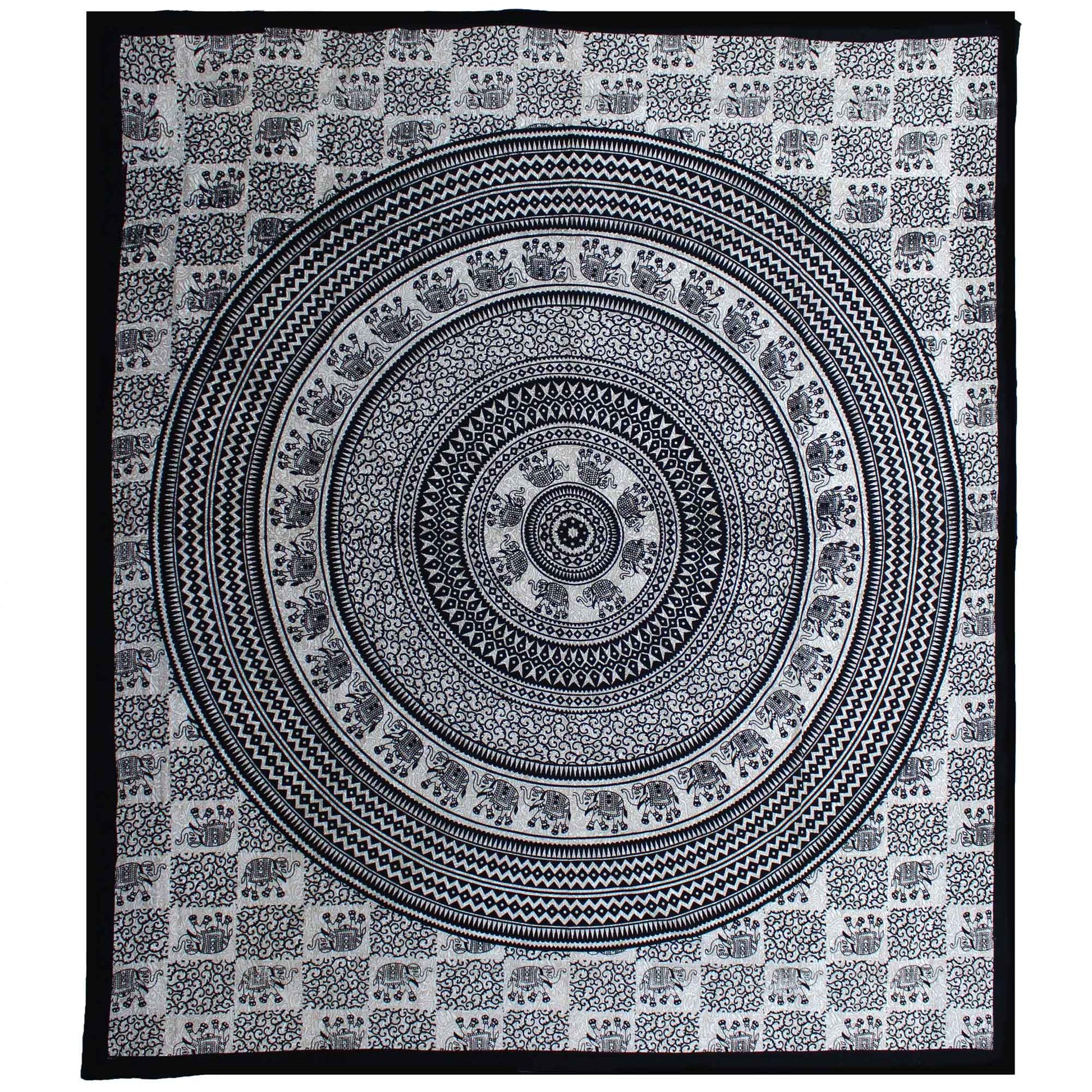 Double Cotton Bedspread / Wall Hanging - Mono - Elephant Mandala