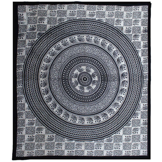 Double Cotton Bedspread / Wall Hanging - Mono - Elephant Mandala