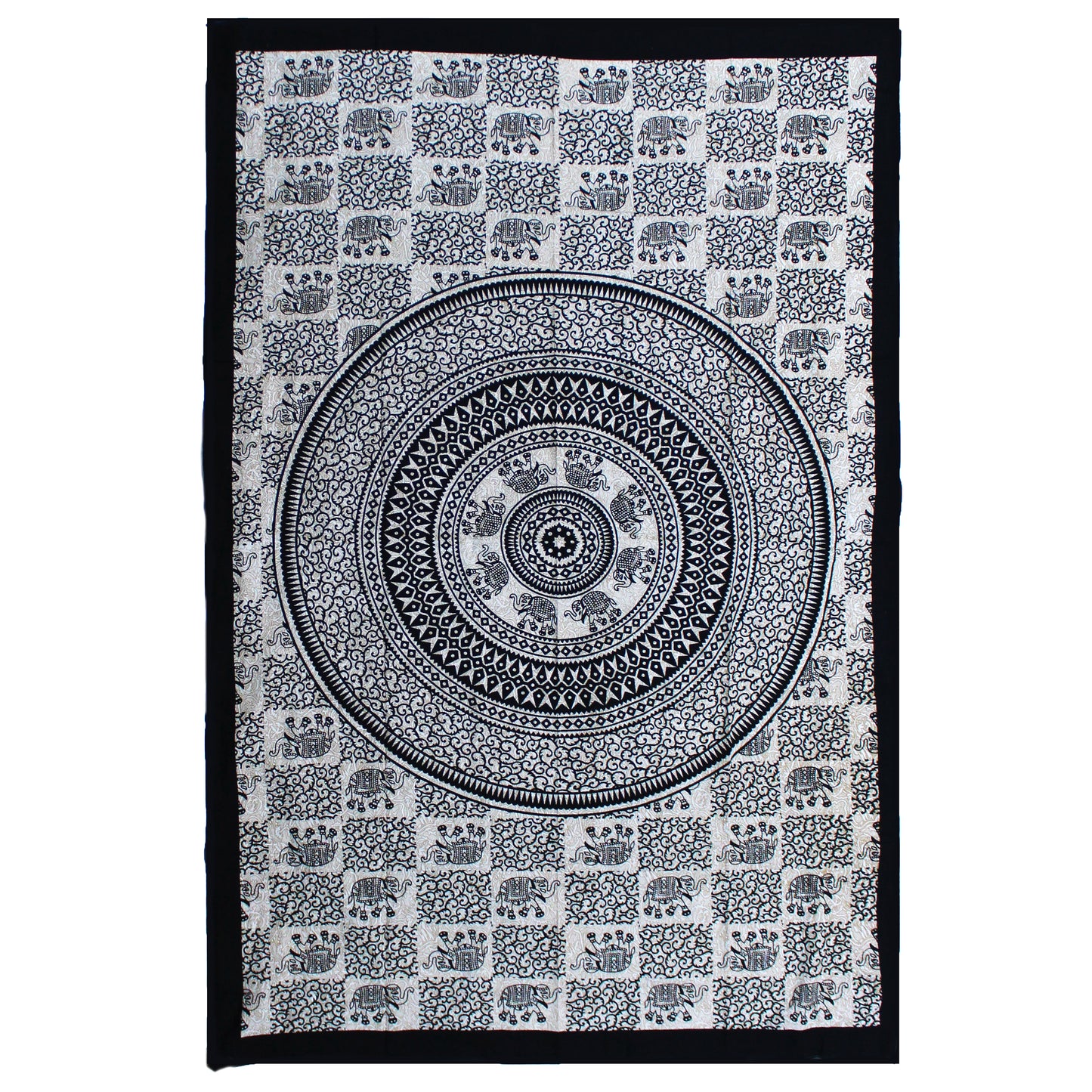 Single Cotton Bedspread / Wall Hanging - Mono - Elephant Mandala