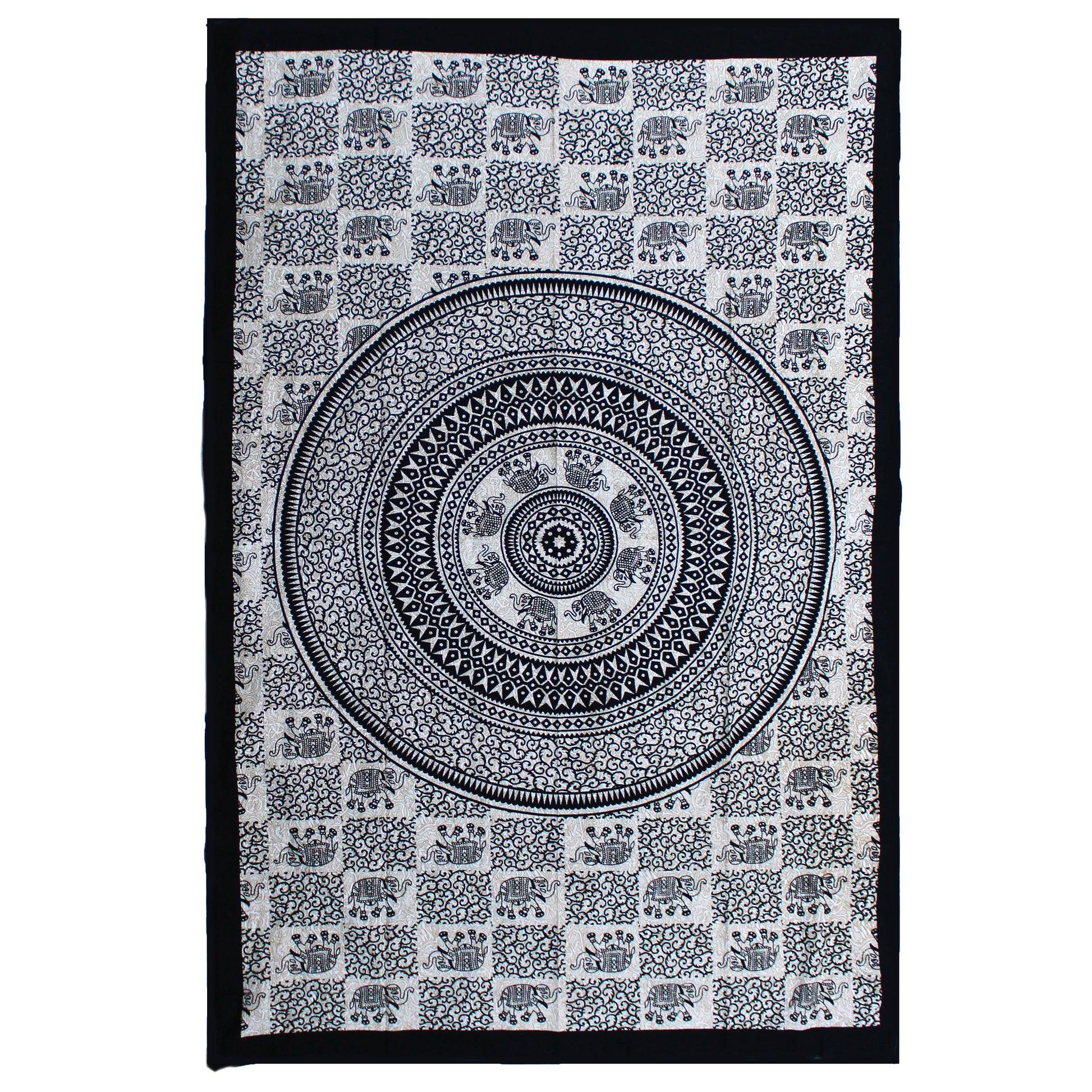 Single Cotton Bedspread / Wall Hanging - Mono - Elephant Mandala
