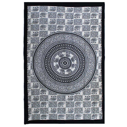 Single Cotton Bedspread / Wall Hanging - Mono - Elephant Mandala