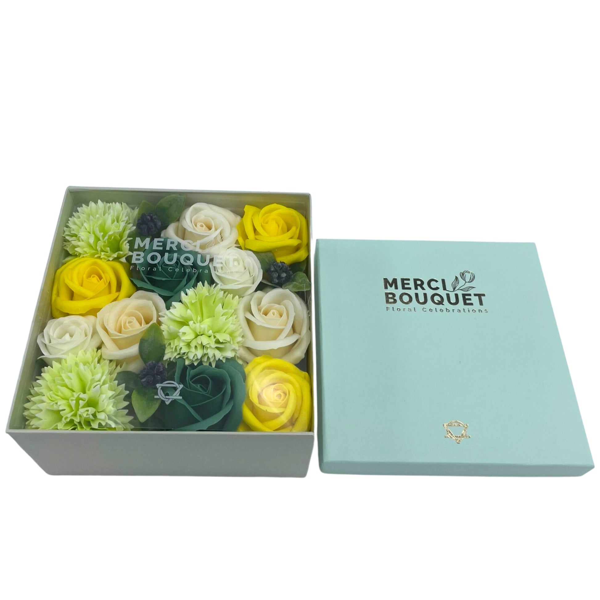 Spring Celibrations Soap Flowers - Yellow & Greens in Square Box