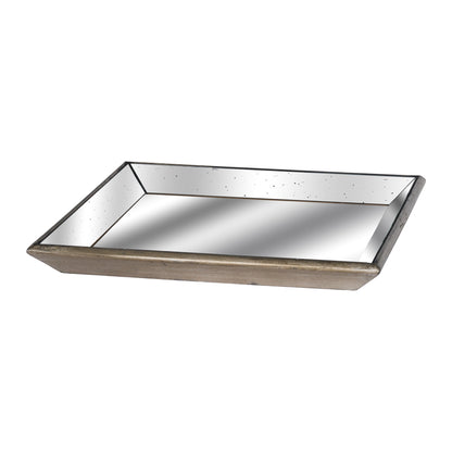 Astor Distressed Mirrored Square Tray With Wooden Detailing - Large